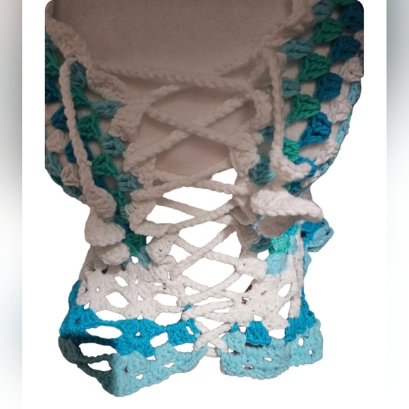 Handmade Granny Square Crochet Halter Top Mermaidcore Boho Criss-cross Icy Blue - Picture 5 of 17